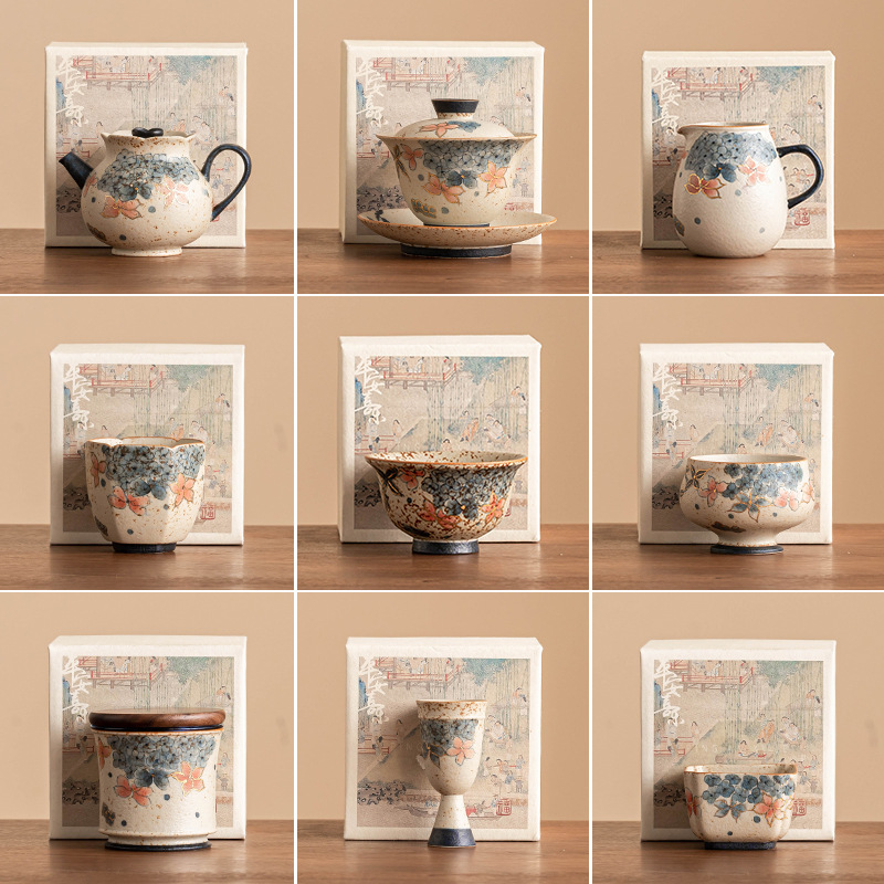 Bộ trà sản phẩm duy nhất Ấm trà hoa cẩm tú cầu màu xanh và trắng bằng đá lửa đỏ có nắp bát cốc công bằng cốc cốc chủ sở hữu cốc cốc lót ly