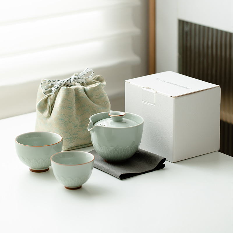 Bộ trà du lịch ngoài trời cánh sen men ngọc Bộ cốc khách nhanh Túi xách tay một bình hai cốc trà Kung Fu đơn