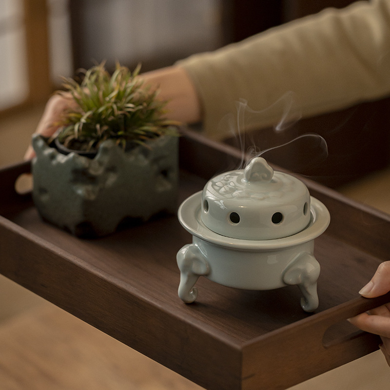 Lư hương đĩa ba chân đầu voi gốm, đồ trang trí thủ công gốm sứ sáng tạo, lư hương trong nhà gia dụng