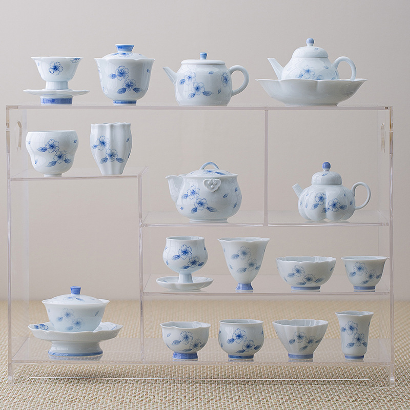 Bát có nắp vẽ tay màu tráng men, bình pha trà đơn hoa sen xanh sang trọng, dụng cụ pha trà Kung Fu cao cấp gia dụng, bát trà sứ