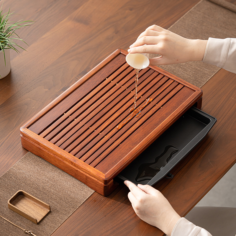 Khay trà gỗ nguyên khối kiểu trữ nước gia dụng khay pha khô hình chữ nhật đơn giản cỡ nhỏ dụng cụ pha trà kungfu khay trà thoát nước bàn trà