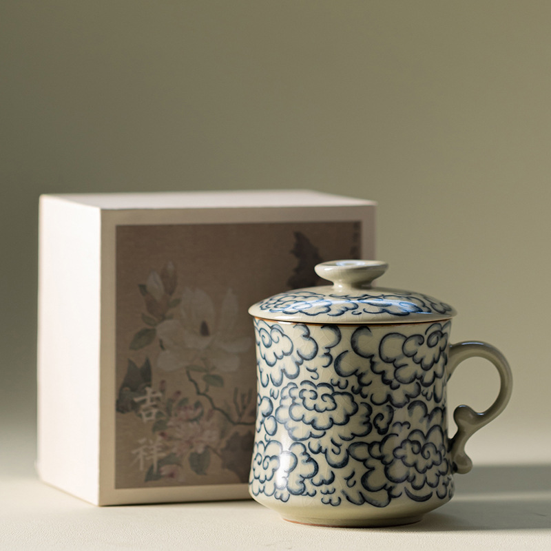 Ly sứ uống trà kiểu cổ Ru Kiln hình mặt trăng lưỡi liềm, có nắp, tách trà nước rời, có thể tháo rời.