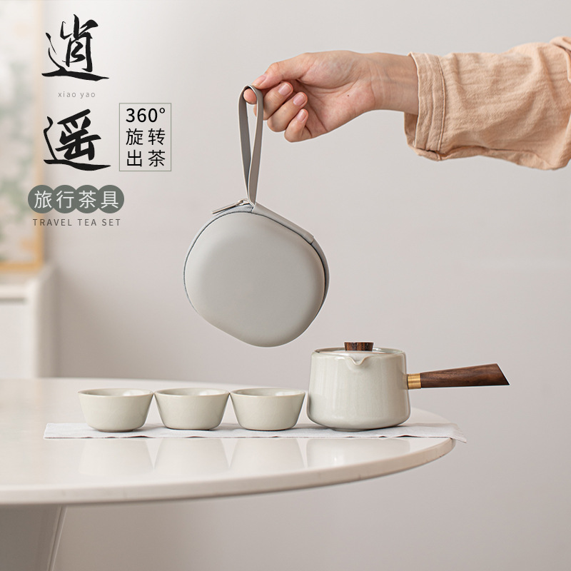 Bộ trà du lịch Xiaoyao Bộ trà gốm sứ Ru Kiln một ấm ba cốc cốc chở khách di động Bộ trà xe hơi ngoài trời có khay trà