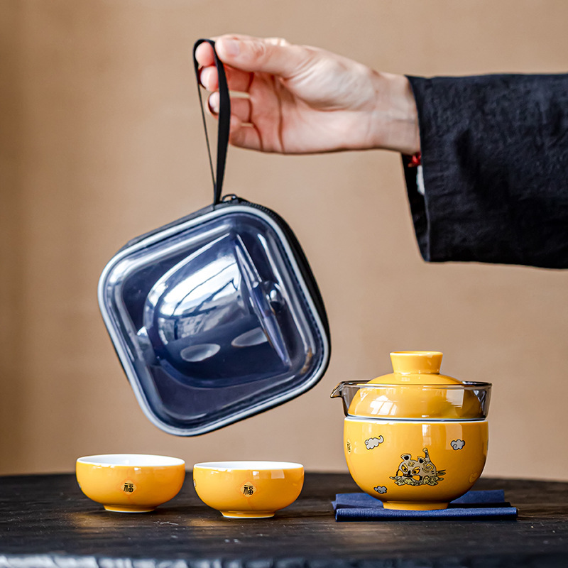 Bộ ấm trà du lịch Thủy Tinh Như Hổ thêm cánh, cốc pha trà, cốc khách nhanh bằng gốm cầm tay ngoài trời, Một Ấm một cốc Ba cốc