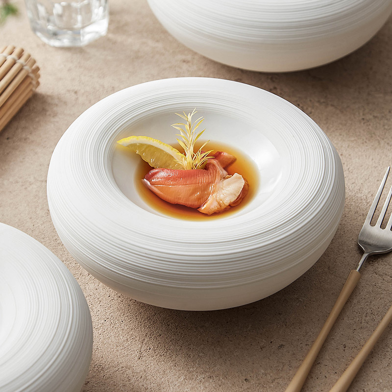 Đĩa sứ họa tiết đường nét dùng trong gia đình, đĩa cách nhiệt hai lớp sáng tạo, đĩa súp trắng, đĩa tròn thương mại, đĩa nghệ thuật.