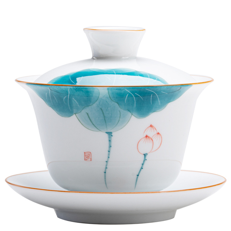 Ngọc cừu vẽ tay treo nắp bát tách trà bát pha trà sứ trắng lơ lửng tam tài bát trà bộ trà gốm sứ đơn