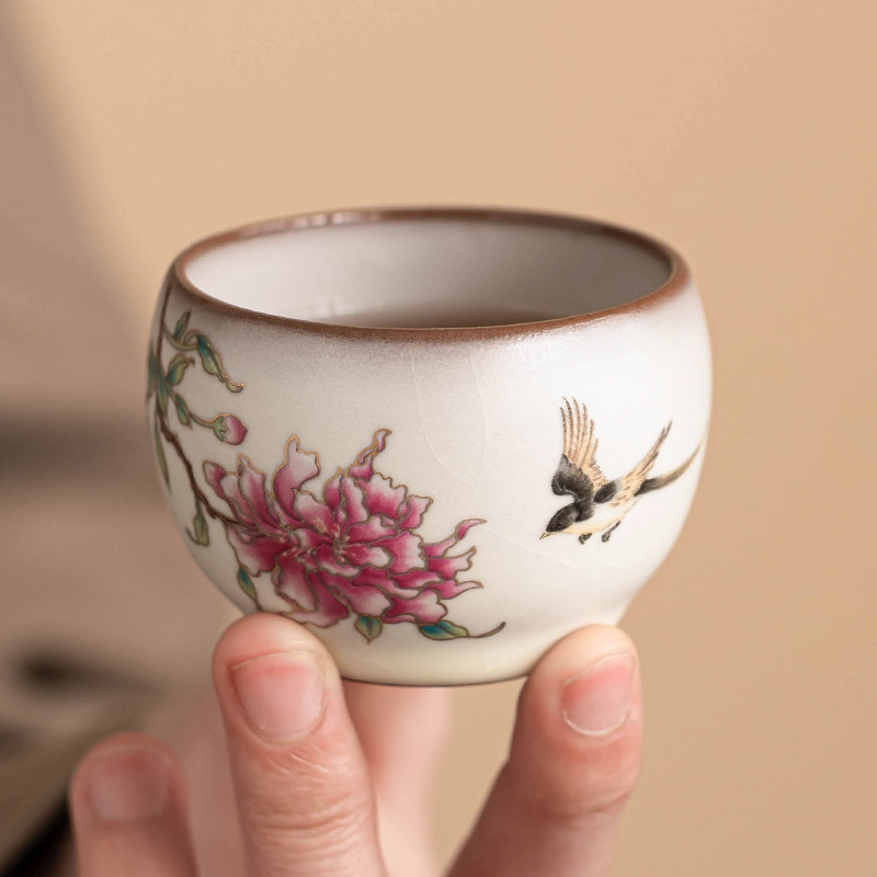 Cốc chủ lò Ru cao cấp, thạch mỡ lợn, hoa mẫu đơn, cốc trà, bộ trà gốm sứ, cốc trà Kung Fu, cốc đơn