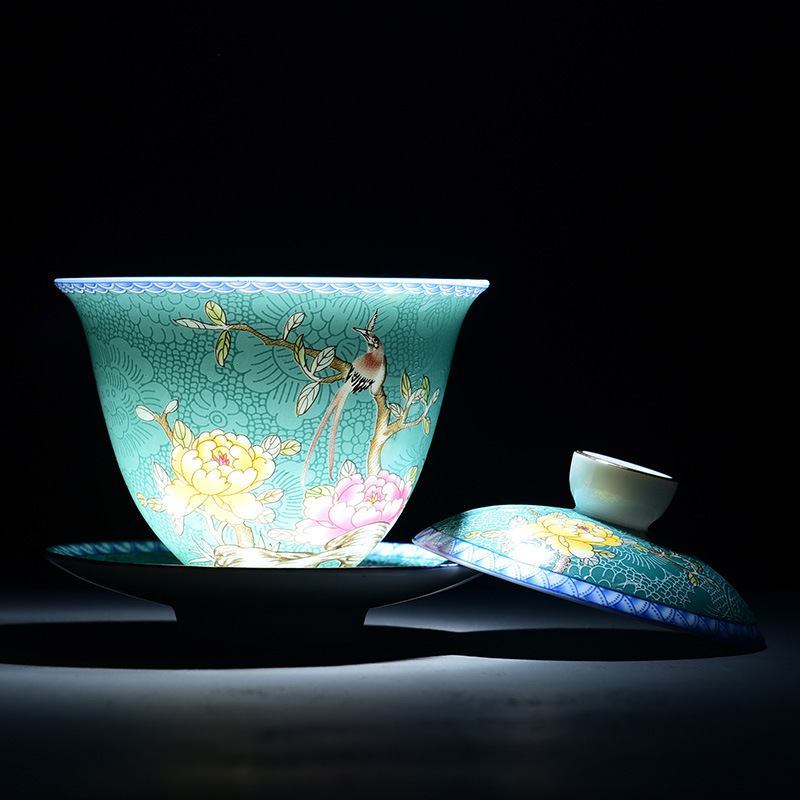 Bộ ấm chén trà sứ tráng men Jingdezhen ba món có nắp, bộ pha trà gốm sứ dùng trong nhà, chén trà lớn