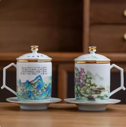 Cốc gốm sứ cốc cá nhân Bộ cốc vẽ vàng Ngàn Dặm Giang Sơn cốc hội nghị tách trà nước có nắp Cốc văn phòng Quà Tặng