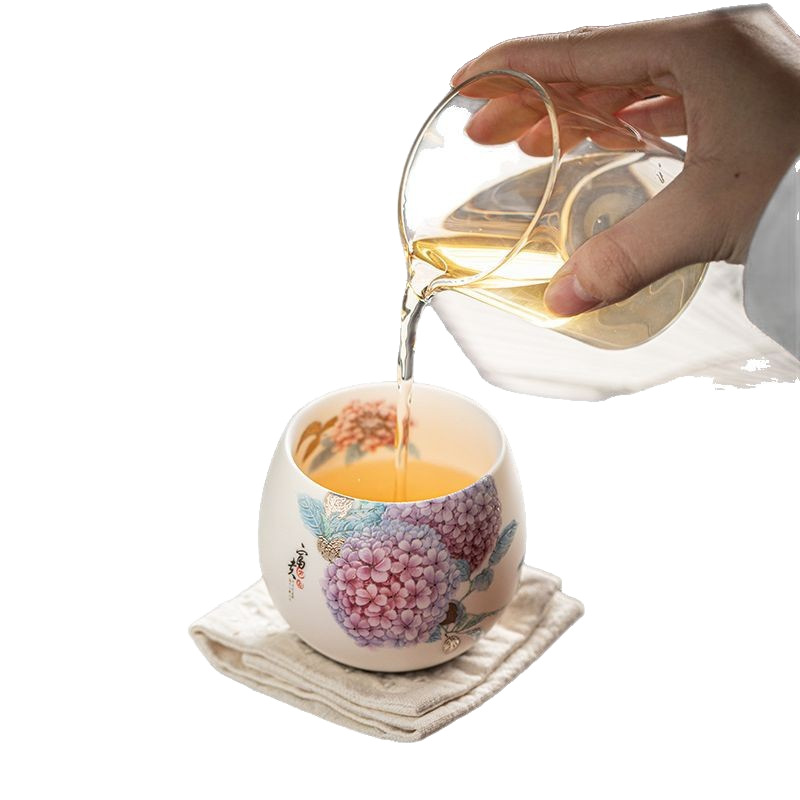 Tách trà sứ ngọc trắng của Hoàng Tứ Đông dành cho nữ, tách đơn hoa cẩm tú cầu kung fu cao cấp, quà tặng ngày lễ tình nhân