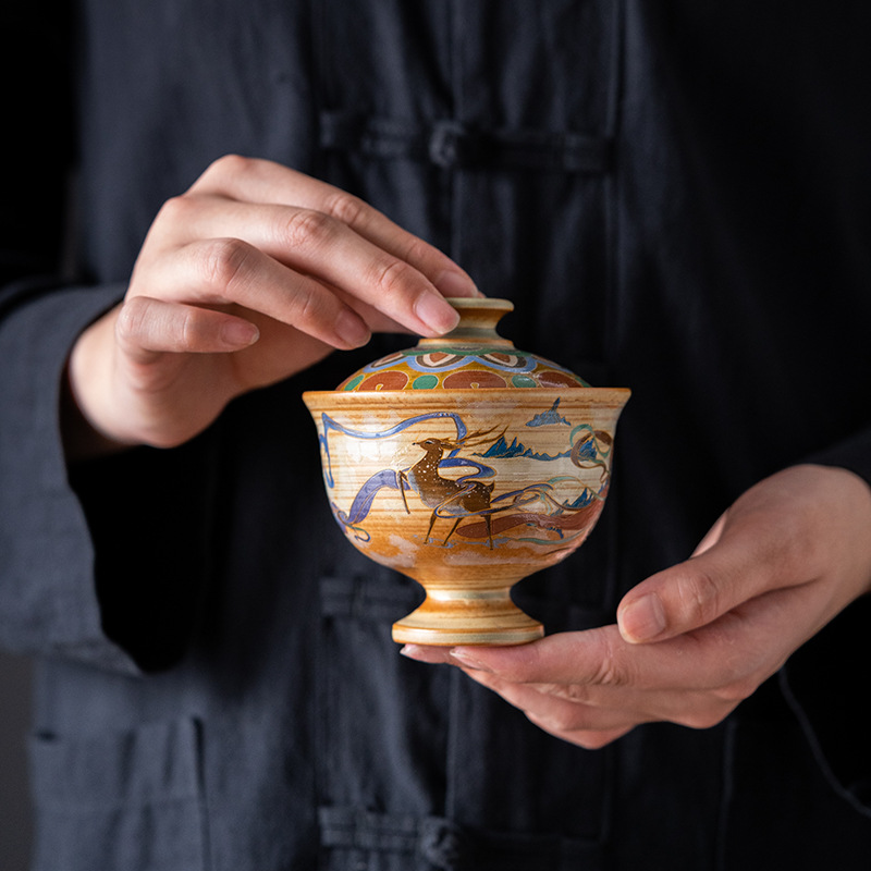 Ấn tượng Đôn Hoàng Bộ trà có nắp bay Bộ trà gốm sứ Bát pha trà Bộ trà quà tặng văn hóa và sáng tạo 150ml cao chân cao hai cốc trà tài năng