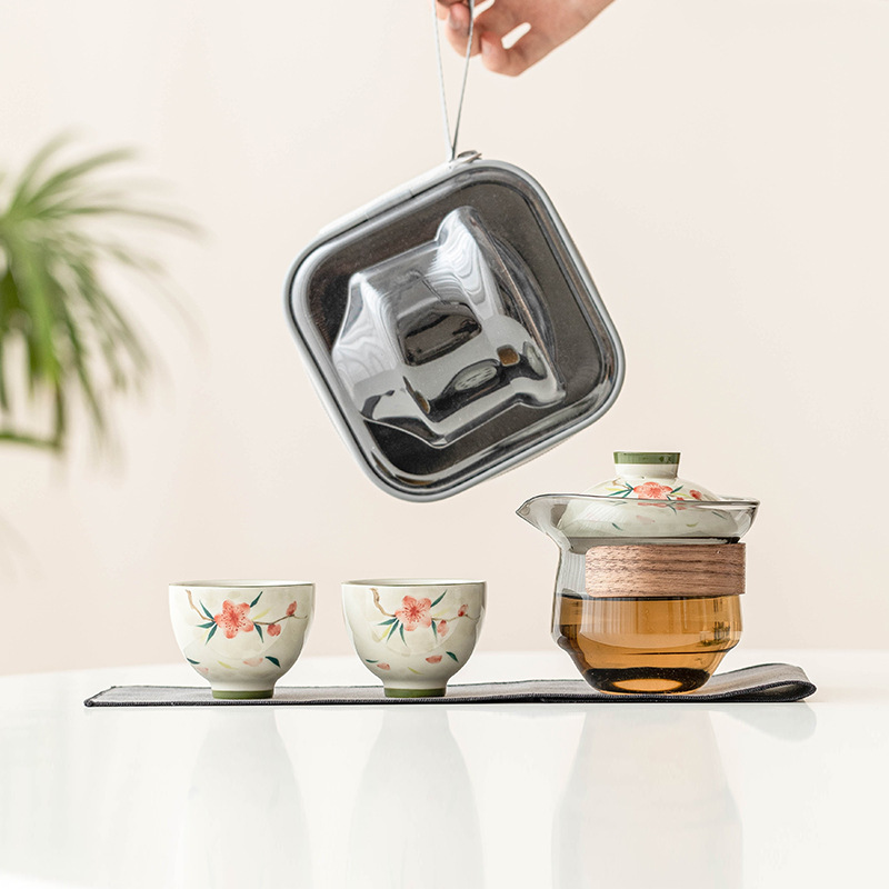 Bộ trà du lịch hoa đào vẽ tay, bộ trà di động cắm trại ngoài trời, cốc thủy tinh nhanh, một ấm hai cốc