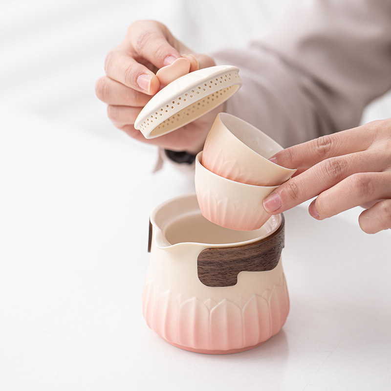 Hoa sen một ấm hai cốc nhanh cốc cắm trại ngoài trời túi xách tay dụng cụ trà du lịch bộ trà đơn giản gia dụng