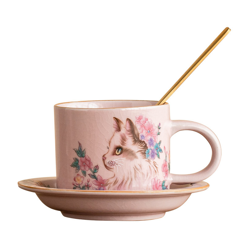 Cốc cà phê Ruyao bột Ruhua mèo cốc đặc biệt dành cho cá nhân nữ cốc và đĩa cốc khuấy cổ điển tinh tế cốc gốm sứ