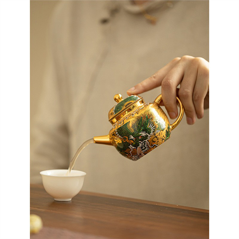 Ấm trà rồng xanh mạ vàng ấm pha trà thủ công gốm sứ cao cấp ấm pha trà công phu gia dụng ấm trà đơn hộp quà