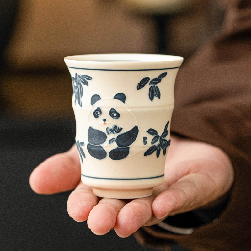 Cốc tre gấu trúc vẽ tay, tách trà, tách trà, tách trà cao cấp, bộ trà kung fu dung tích lớn không nóng tay