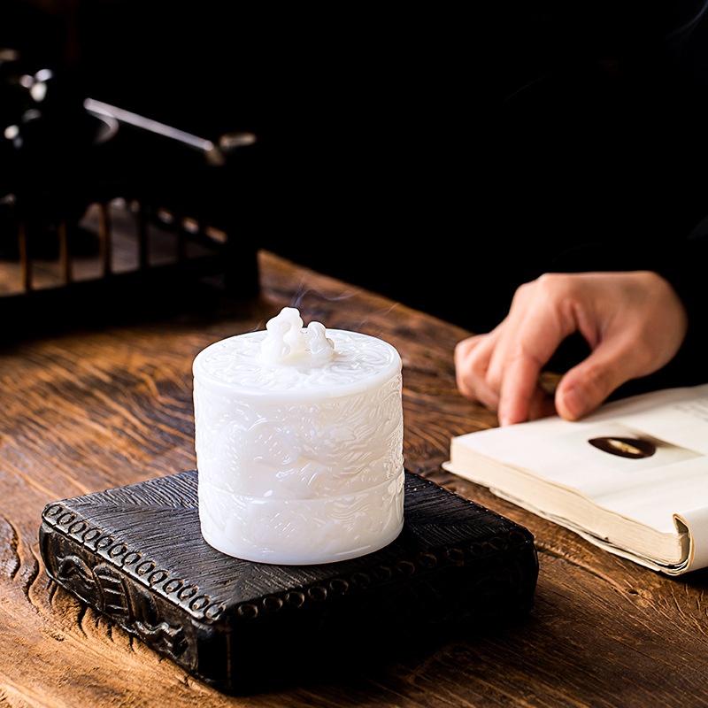 Guo Zhibao điêu khắc nổi bằng đá ngọc bích lư hương thủ công thắp hương đồ dùng gia đình phụ kiện trà đạo đồ trang trí bằng gốm