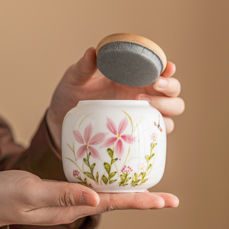 Vẽ tay lọ trà hoa cúc chuồn chuồn lọ gốm sứ lọ nhỏ kín khí lọ chống ẩm hộp đựng trà cầm tay lọ rỗng