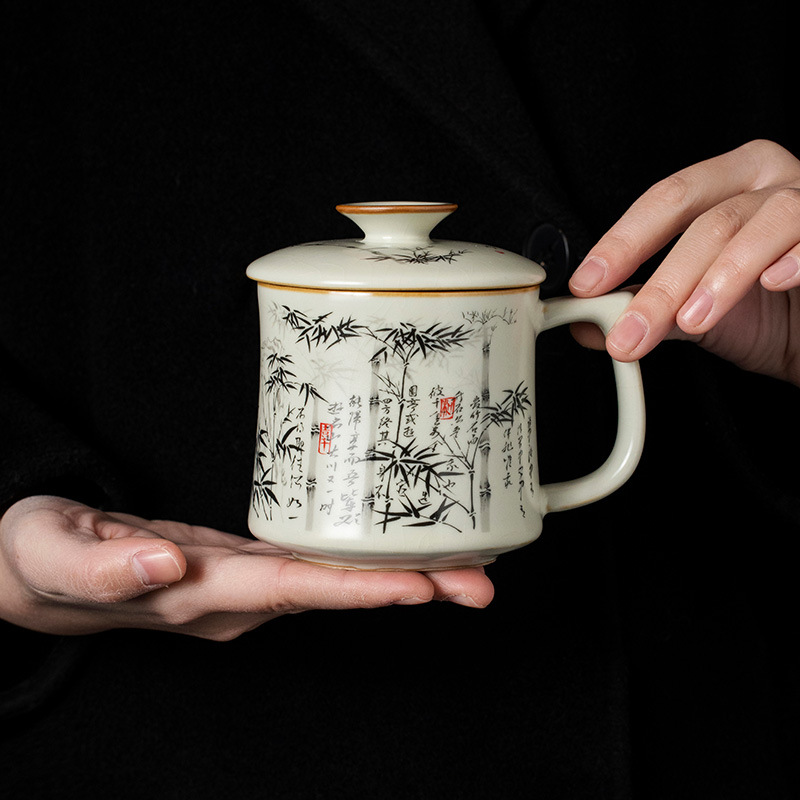 Cốc trà tre mực Ru Kiln cốc nước gốm có nắp cốc cốc cốc uống trà văn phòng cao cấp chuyên dụng cá nhân