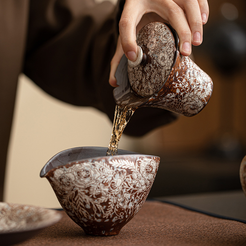 Bát có nắp miệng hoa mạ bạc, bát có nắp hai bằng gốm thô, bát pha trà cỡ nhỏ, tách trà, Bộ trà Kung Fu, dụng cụ pha trà đơn