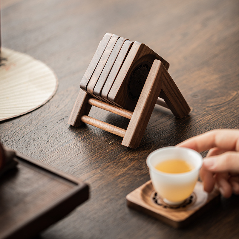 Lót cốc gỗ óc chó, cốc trà trữ nước thủ công hình vuông hình tròn hình hoa sen, lót cách nhiệt, giá để cốc, bộ phụ kiện