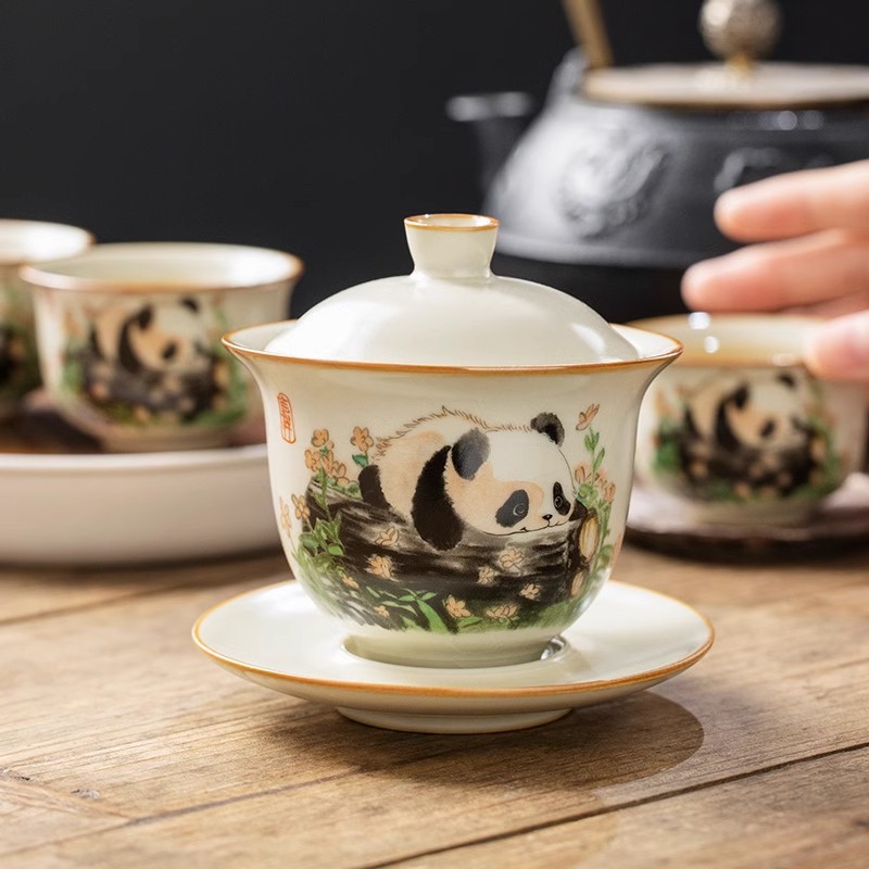 Bộ trà bát có nắp 3 tài gốm sứ Ru Kiln Panda Bộ trà Kung Fu một ấm sáu chén cao cấp cho phòng khách gia dụng