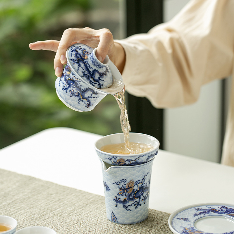 Bát có nắp tam tài hoa văn rồng sai vàng bạc xanh cổ dụng cụ pha trà công phu gốm sứ giá sỉ bộ pha trà cao cấp gia dụng