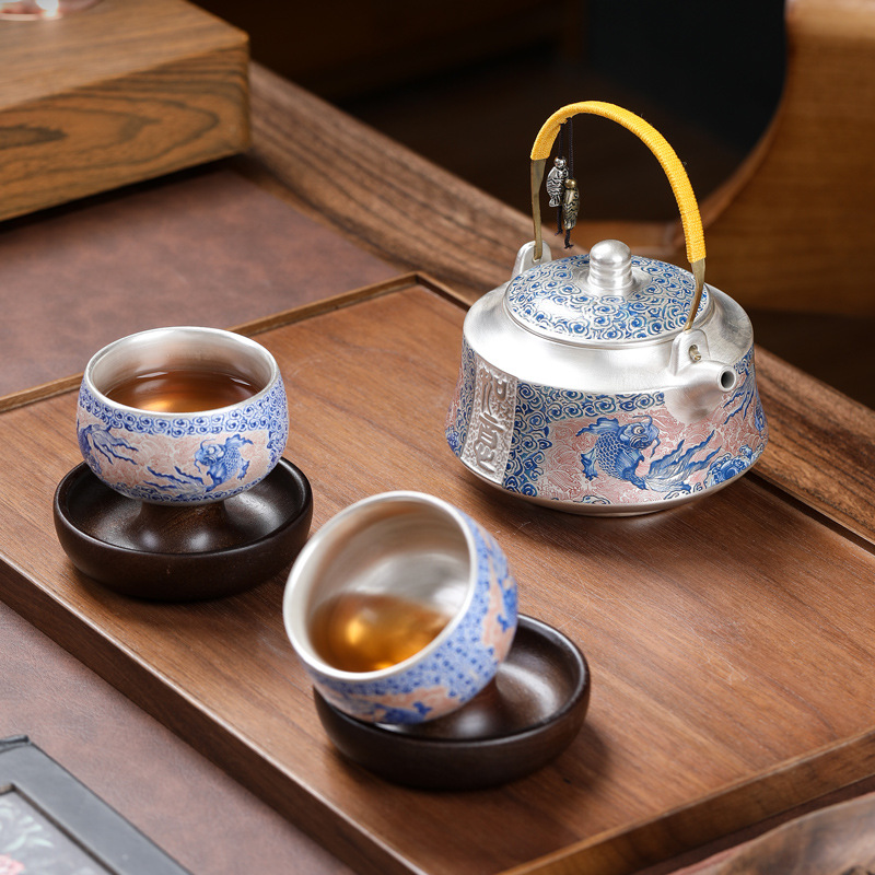 Ấm trà gốm sứ sang trọng nhẹ cao cấp có tay cầm, bộ tách trà, một ấm và hai tách, ấm trà bạc mạ vàng kiểu Trung Quốc, bộ trà kung fu dùng trong gia đình.