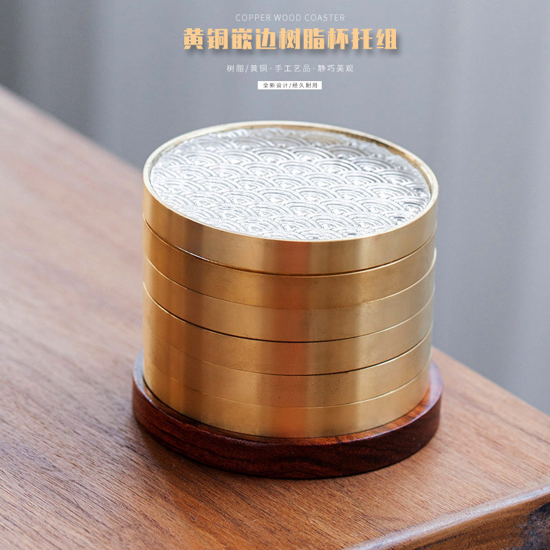6 bộ đế lót ly gỗ Đàn hương đen, lót ly trà thủy tinh dát đồng thau, lót cách nhiệt hình tròn, Phụ Kiện Bộ trà khay trà kiểu Trung Quốc