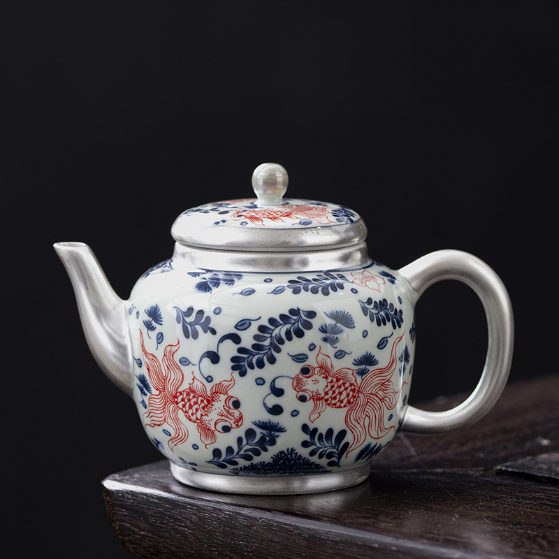 Bộ ấm chén trà Kung Fu bạc 999 sterling, bộ nhỏ gia dụng, thủ công, mạ vàng, 1 ấm 1 chén, hộp quà lưu niệm