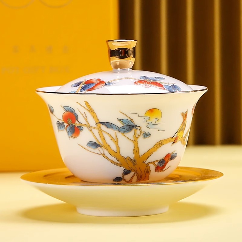 Bát trà sứ trắng hồng cao cấp sang trọng nhẹ Bát trà sứ trắng hồng hồng có nắp một bát có nắp Ba cốc trà lớn sản phẩm Biển Trà