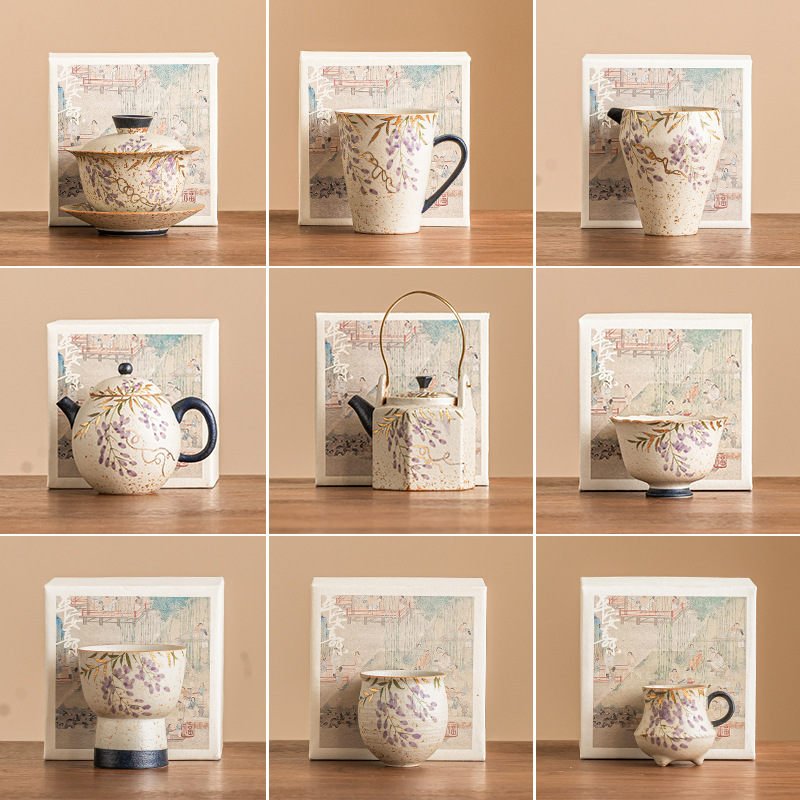 Màu xanh và trắng đá lửa bát có nắp đỏ ấm trà biển trà cốc cốc cốc trà cốc cao cấp vẽ tay hoa tử đằng vẽ tay sản phẩm