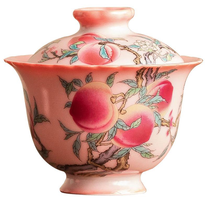 Bát có nắp chín đào màu hồng, cốc trà gốm sứ, bát trà đơn có nắp cao cấp cổ điển kiểu Trung Quốc cỡ lớn phục vụ khách gia đình