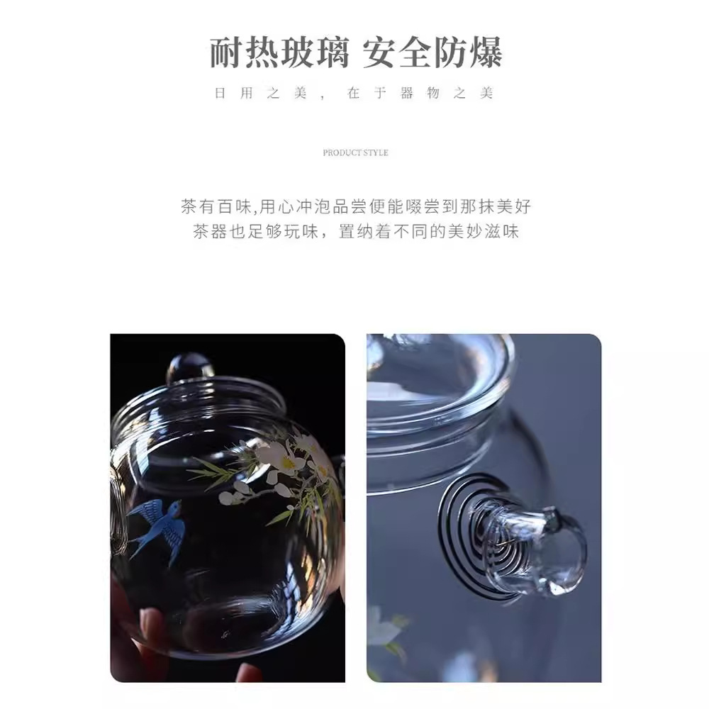 Ấm Trà chống bỏng thủy tinh dày trà xanh tay cầm bên hông dụng cụ pha trà dung tích nhỏ có lọc Tay cầm dụng cụ pha trà cao cấp Quà Tặng