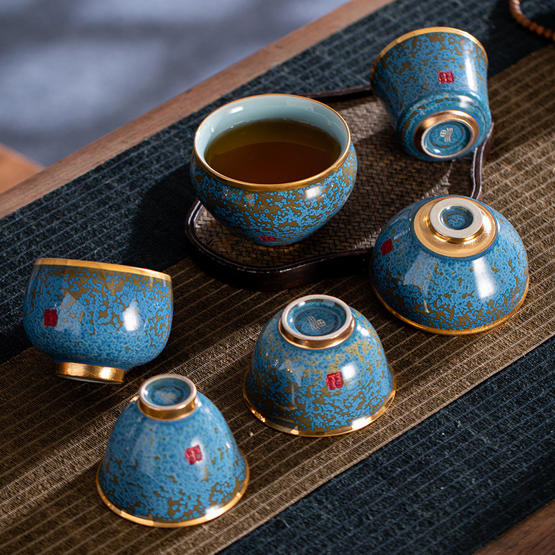 Cốc trà cá nhân nam mạ vàng xây cốc chủ cao cấp cốc đơn bộ trà Kung Fu hộp quà gốm sứ