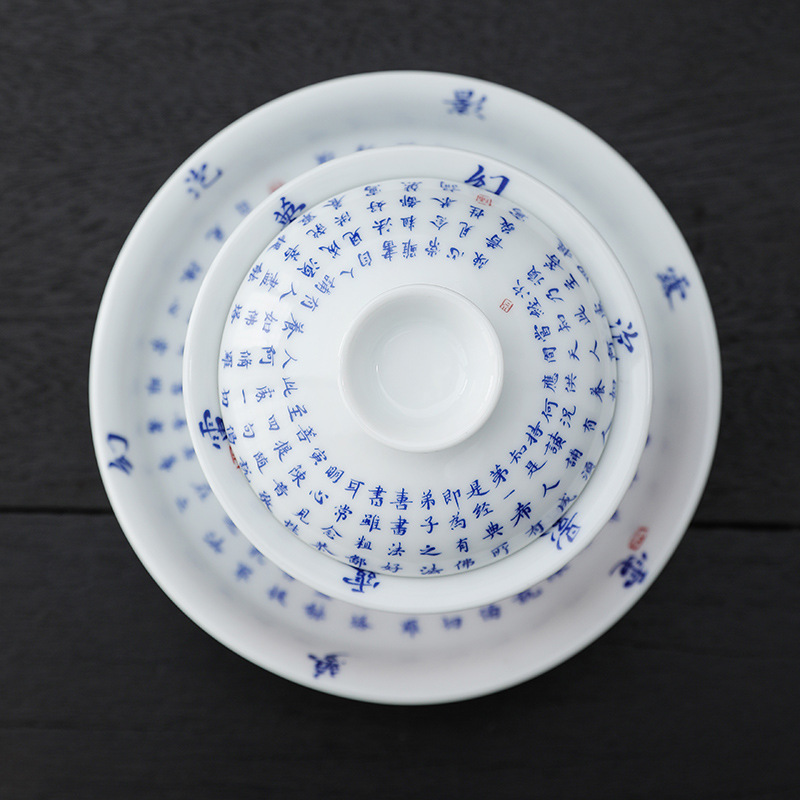 Bát nắp Vạn Phật Kinh Tam tài Pha trà Bát thư pháp Đồ trà Kung Fu gốm cổ điển gia dụng Cốc trà đơn