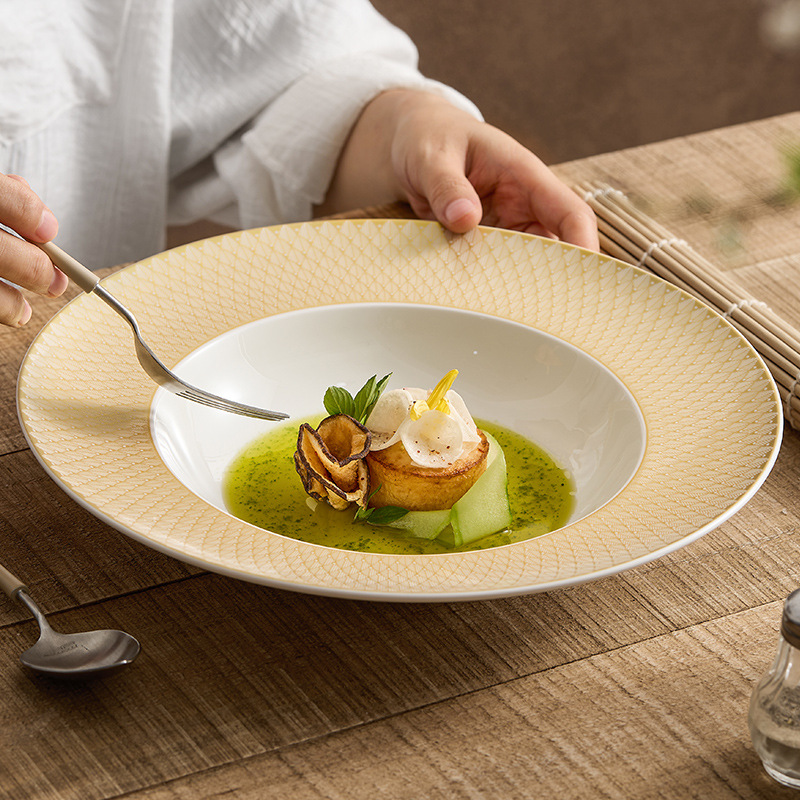 Đĩa súp gốm vàng vàng Renaissance Đĩa món ăn Đĩa gia dụng Bộ đồ ăn khách sạn sang trọng kiểu mới cao cấp Đĩa mũ rơm đồ ăn phương Tây