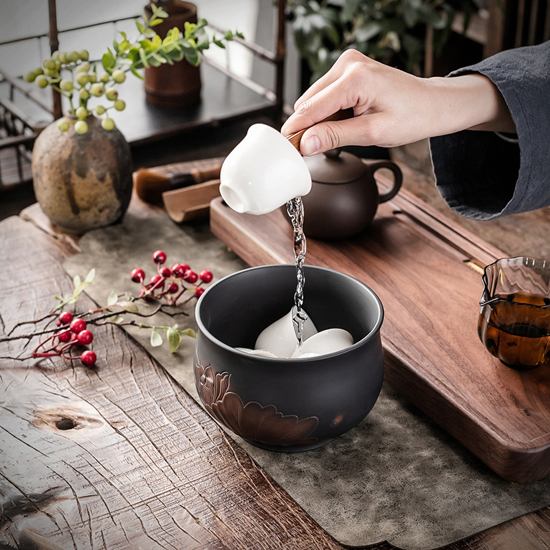 Bán buôn chậu rửa trà Gốm Tím, bình đựng bã trà gia dụng dung tích lớn cao cấp gốm đen kiểu Nhật