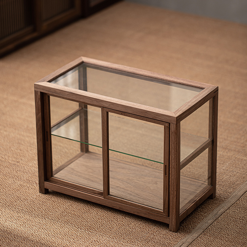 Tủ trà Gỗ Óc Chó đẩy đôi Gỗ Óc Chó Tủ trà thủy tinh gỗ rắn tủ trưng bày Bộ trà Tủ lưu trữ Giá để đồ