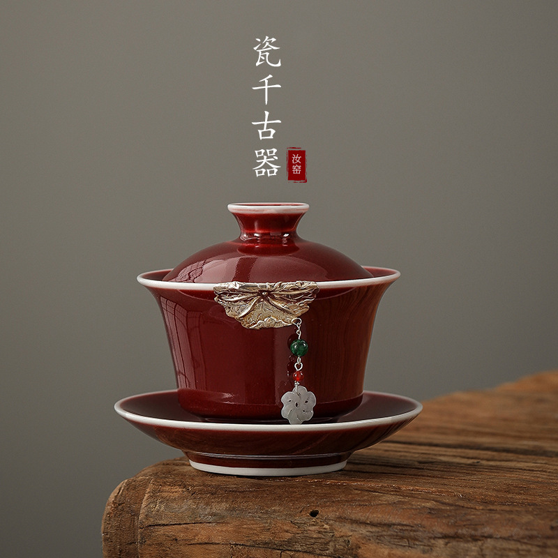 Bộ gaiwan ba tài màu đỏ dát bạc, bộ trà kung fu tua rua không nóng, bát trà, quà cưới, bát trà cao cấp