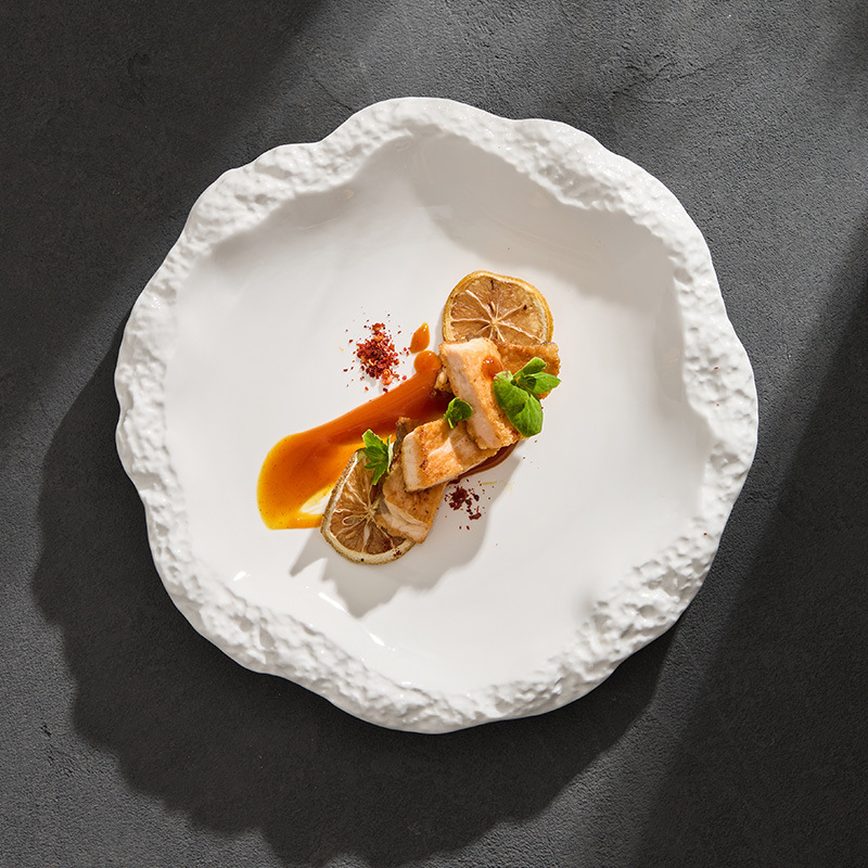 Đĩa gốm sứ hoa văn đá Đĩa gia dụng Đĩa tròn viền váy đặc trưng Đĩa ăn tây Đĩa bày đồ ăn khách sạn Đĩa bày đồ ăn