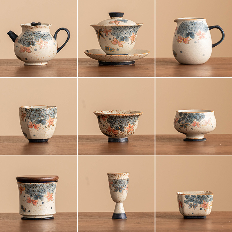 Bộ trà sản phẩm duy nhất Ấm trà hoa cẩm tú cầu màu xanh và trắng bằng đá lửa đỏ có nắp bát cốc công bằng cốc cốc chủ sở hữu cốc cốc lót ly