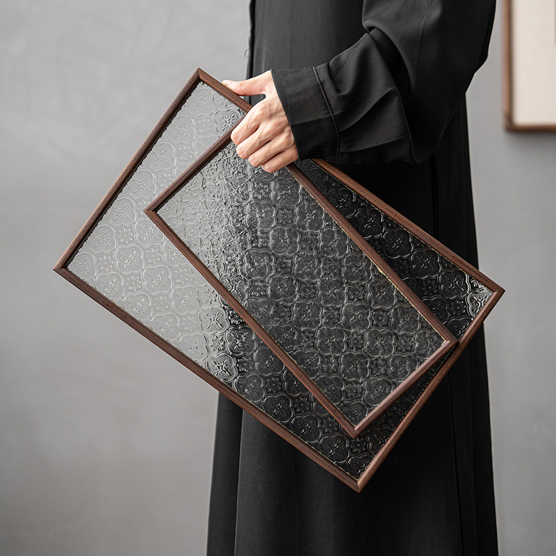 Khay kính lưới cửa sổ gỗ óc chó Khay trà hình chữ nhật nhỏ khay đựng cốc gia dụng khay đựng đồ ăn trái cây khay ăn