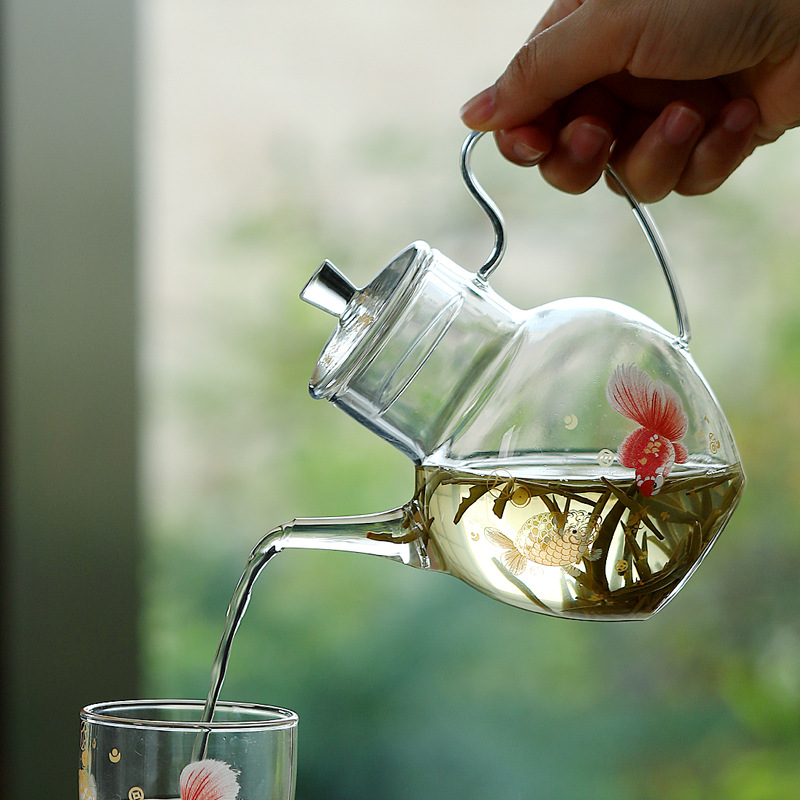 Ấm trà xanh thủy tinh chịu nhiệt borosilicate cao được Ứng dụng bằng tay, ấm trà hoa pha lạnh, bộ trà kung fu, ấm trà, ấm đơn.