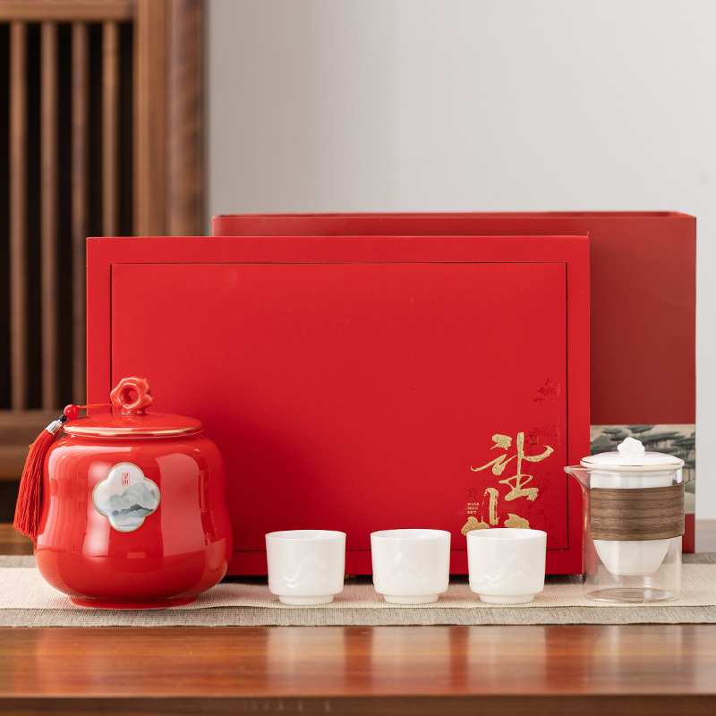 Lễ hội mùa xuân mới hộp quà trà hộp rỗng Dahongpao trà xanh đỏ hộp trà gốm sứ hộp bao bì có bộ trà