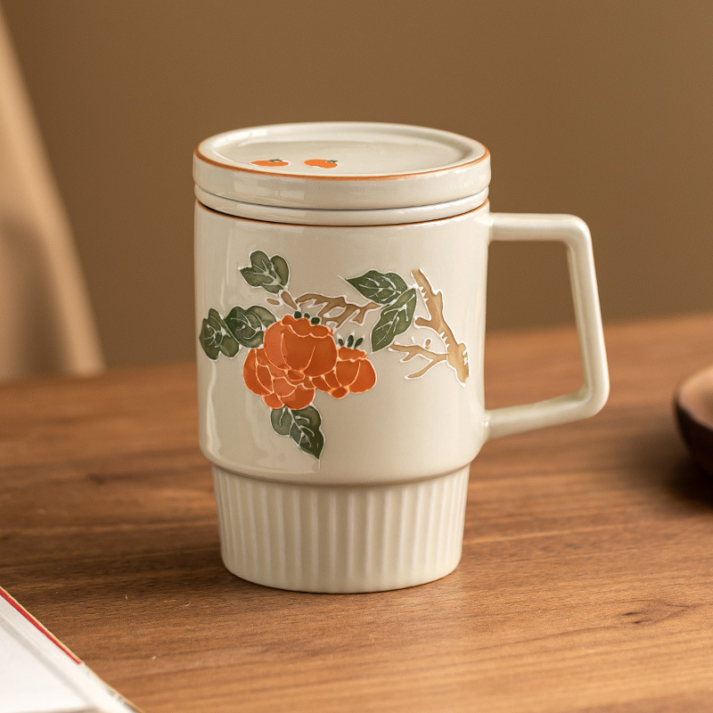 Vẽ tay đống chạm khắc hồng hồng Ruyi Cốc uống nước có nắp Cốc tách trà văn phòng gia dụng gốm sứ nữ