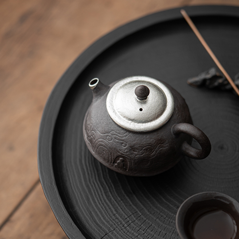 Kongjizhai Old Rock Mud Đôn Hoàng Ấm trà mạ bạc thủ công bằng gốm thô Bộ trà Nhật Bản gia dụng có thể pha trà