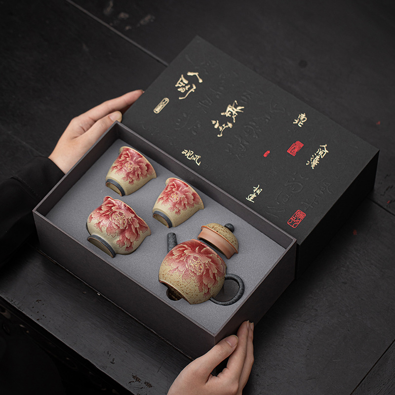 Bộ ấm chén trà đen đá lửa xanh trắng dùng trong nhà, kiểu cổ điển một ấm ba chén Kung Fu, quà lưu niệm tặng người lớn tuổi và khách hàng