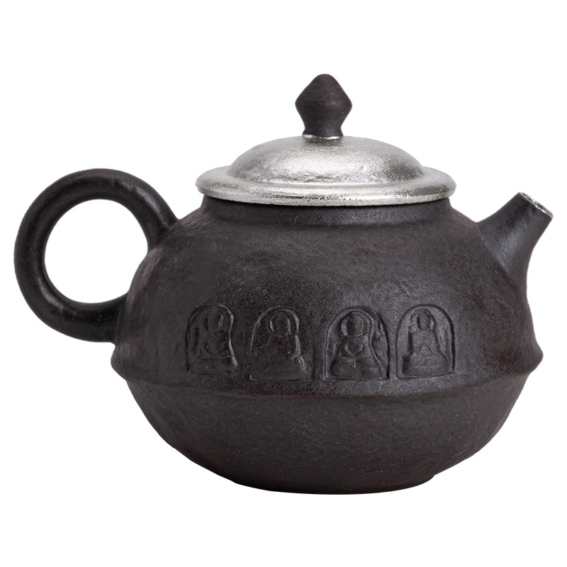 Kongjizhai Old Rock Mud Đôn Hoàng Ấm trà mạ bạc thủ công bằng gốm thô Bộ trà Nhật Bản gia dụng có thể pha trà