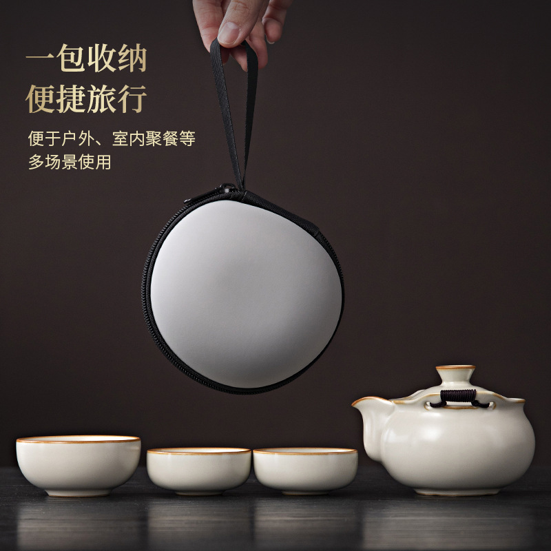 Ấm cầm tay gốm sứ Ru Kiln ấm pha trà Kung Fu cốc nhanh bộ trà du lịch trên xe di động ngoài trời gia dụng